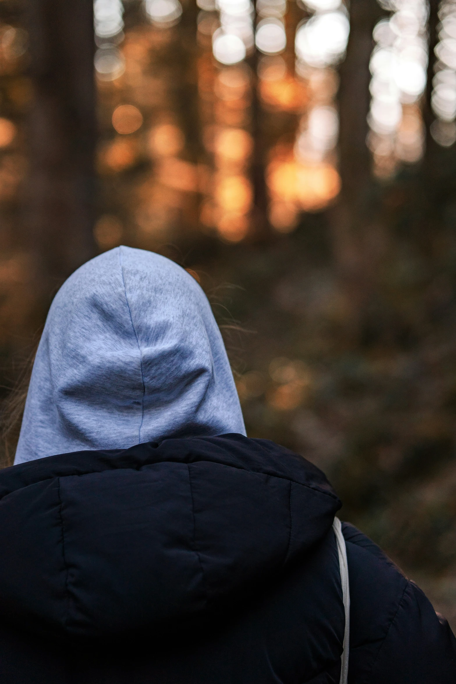 a person with hooded jacket walking through a wooded area