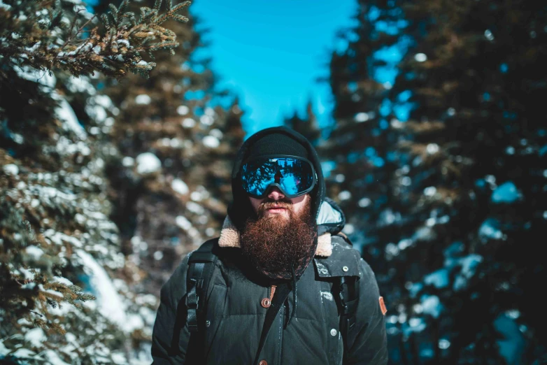 a bearded man wearing winter clothing in the snow