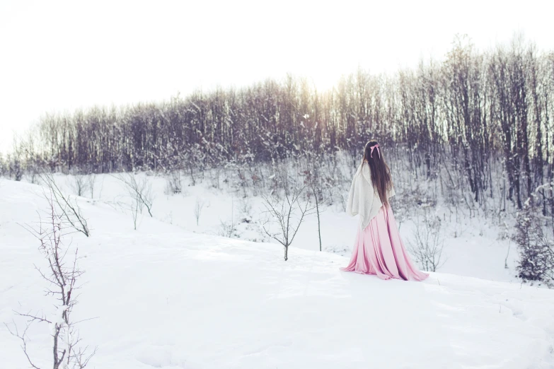 a woman in a pink gown stands in a snowy field