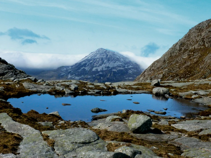 some snow covered mountains near water with rocks