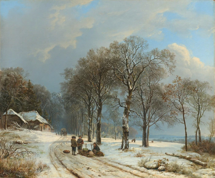 two people walking on a snowy road by some trees