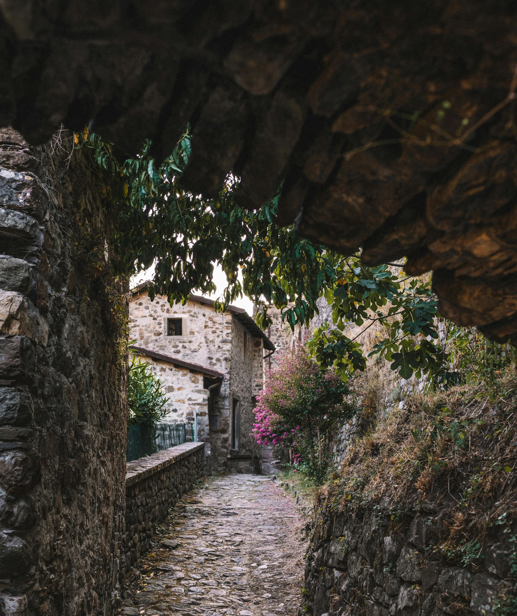 an old stone house with a cobblestone path between the two buildings