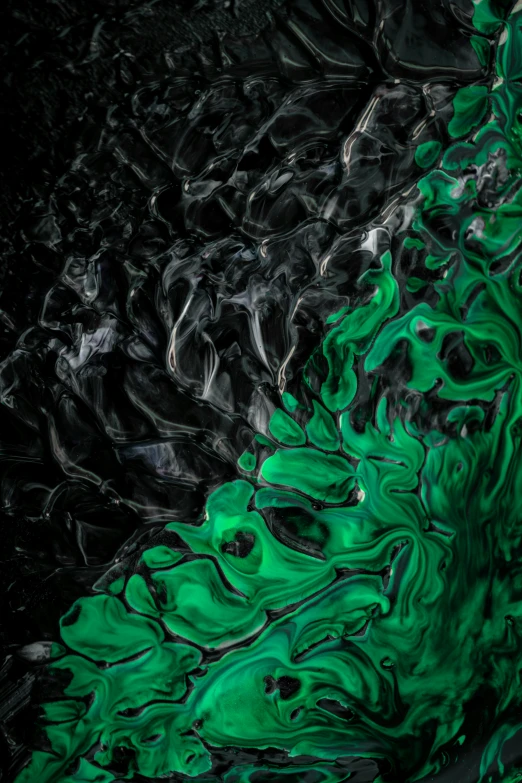 black and green liquid abstract painting with a green and white streak