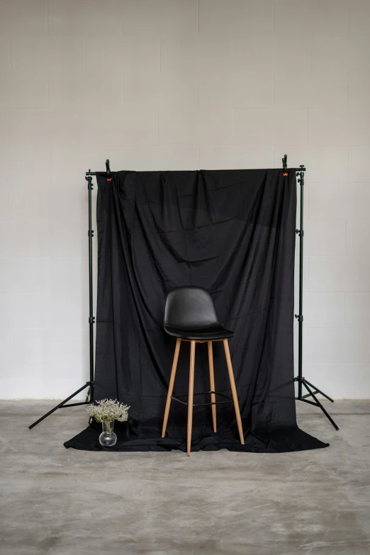 a chair and stool is in front of an image