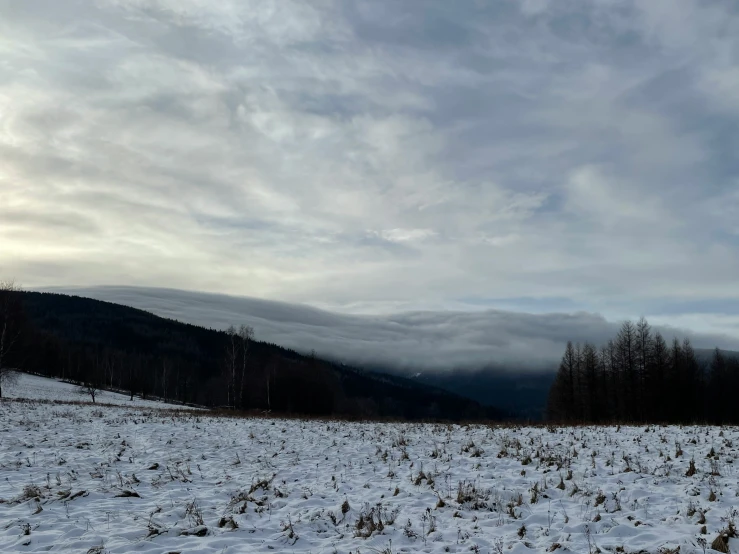 an empty pasture has snow, trees and clouds all around