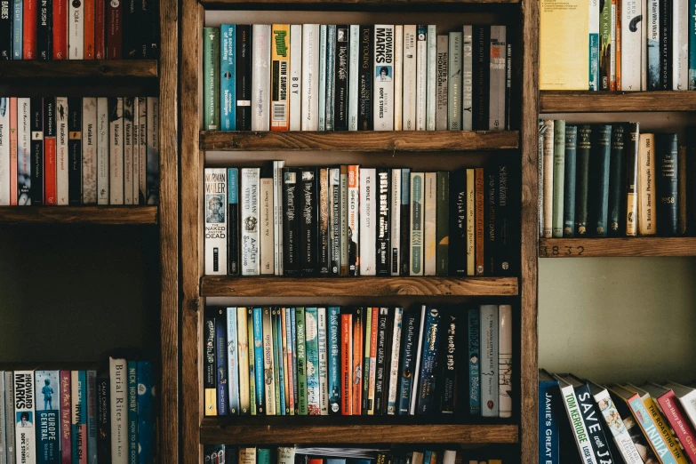 books are arranged neatly on wooden shelves and next to a wall