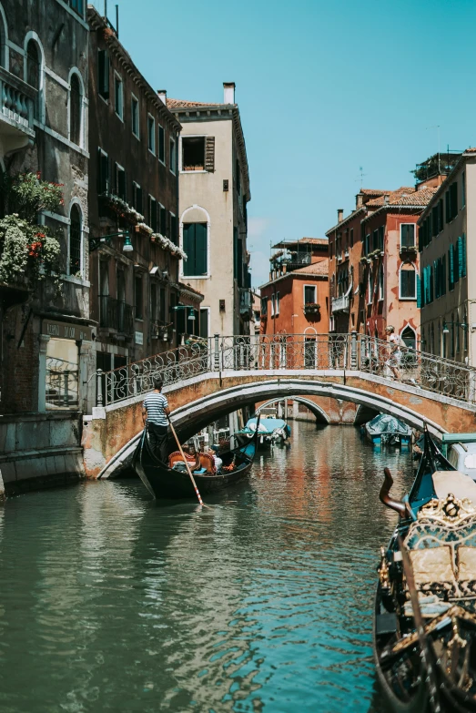 a bridge spanning over some water surrounded by tall buildings