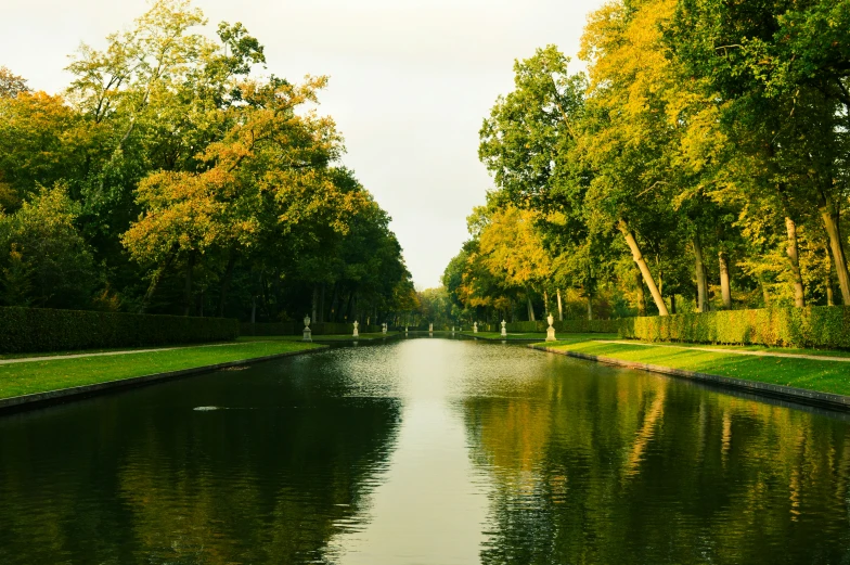 a green and clear river runs through a grassy area