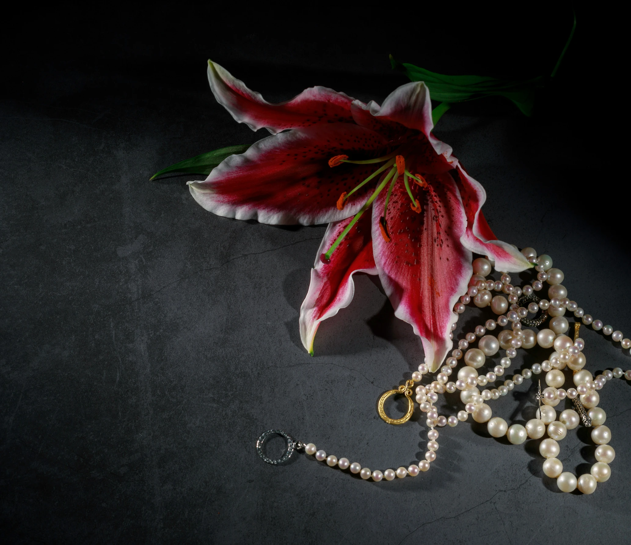 the flower is resting on a necklace with beads