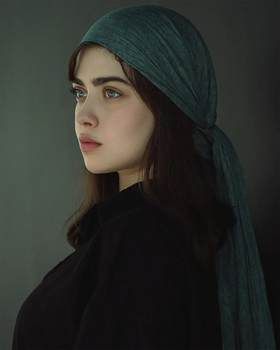 a woman standing in front of a wall and wearing a head scarf