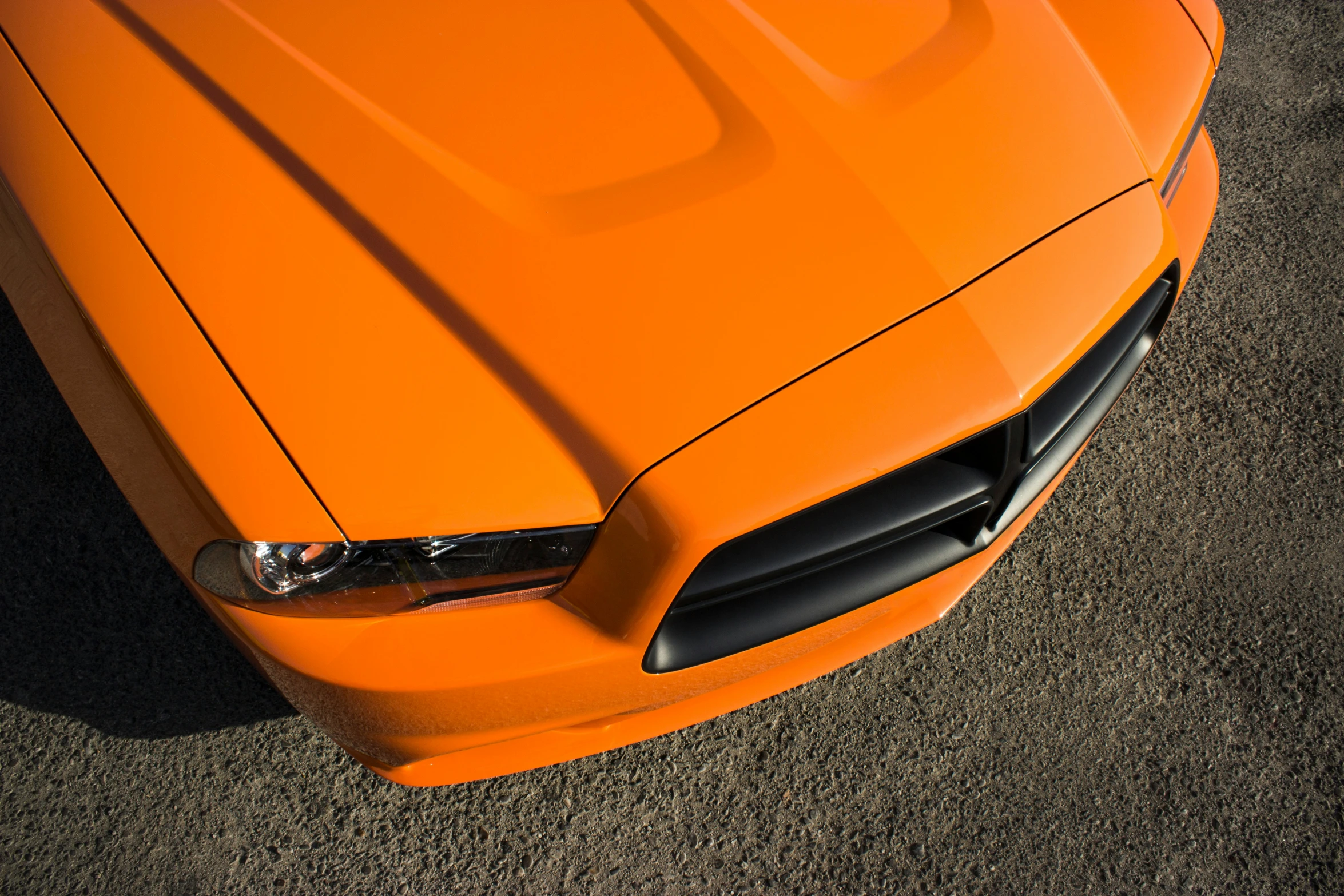 a closeup of the hood of a muscle style car