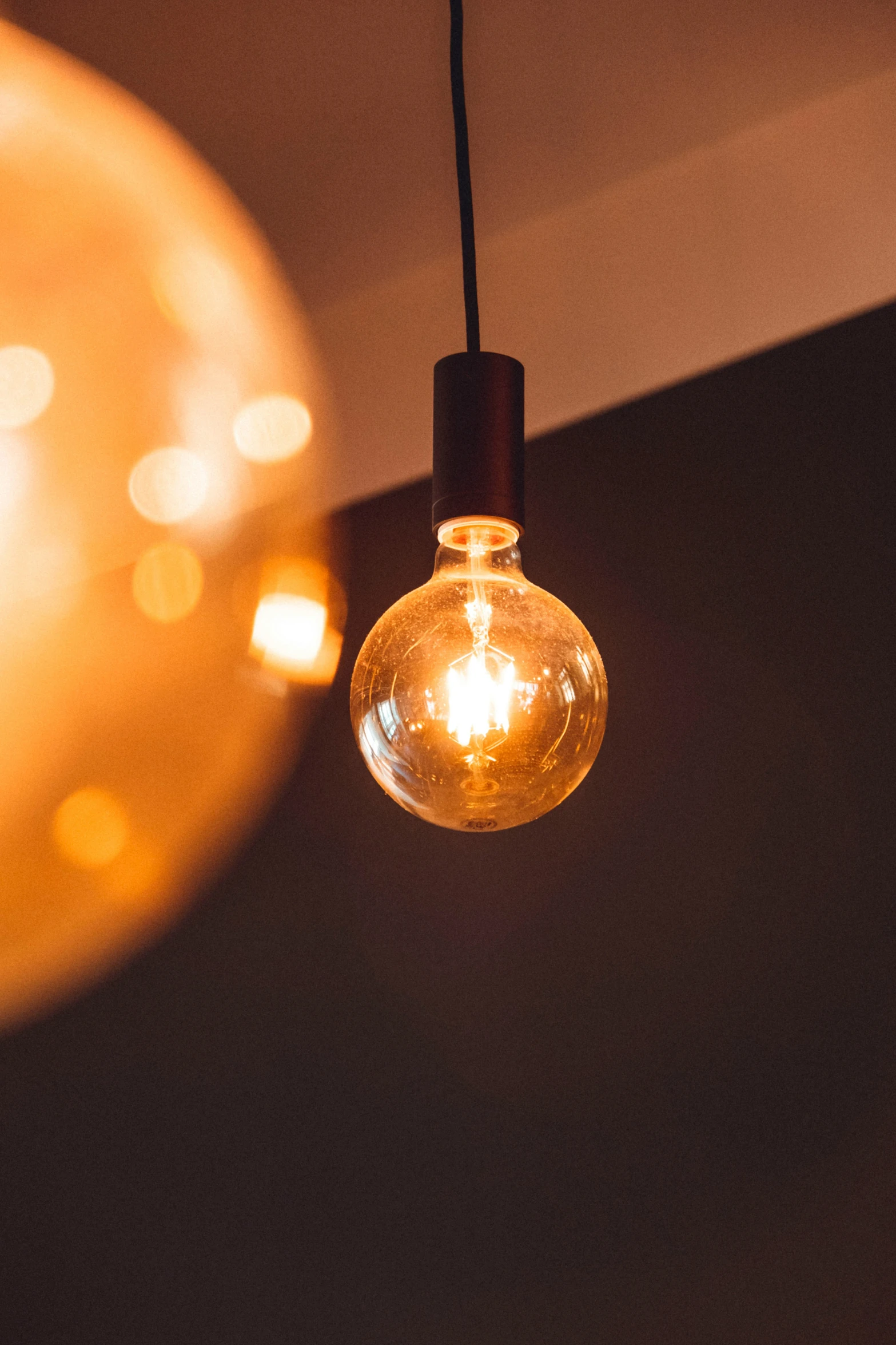 light bulb and hanging light bulb in a restaurant