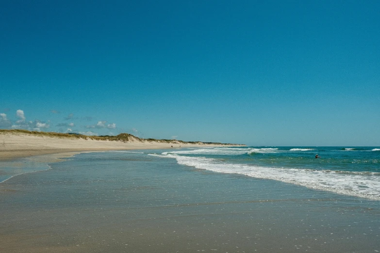 the beach is deserted and has very little waves