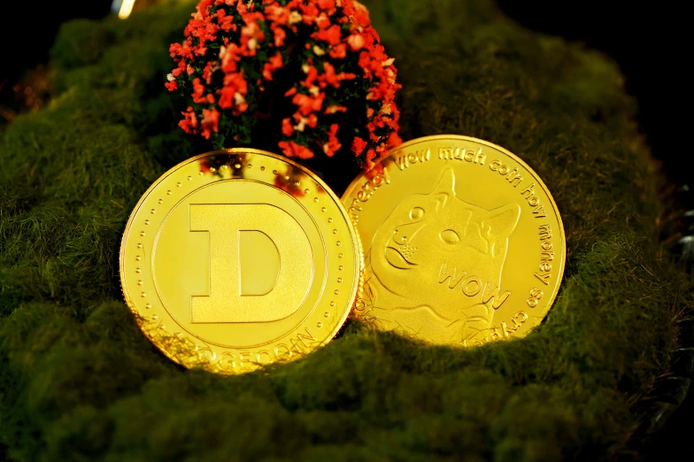 two golden coins are placed in a grass bed