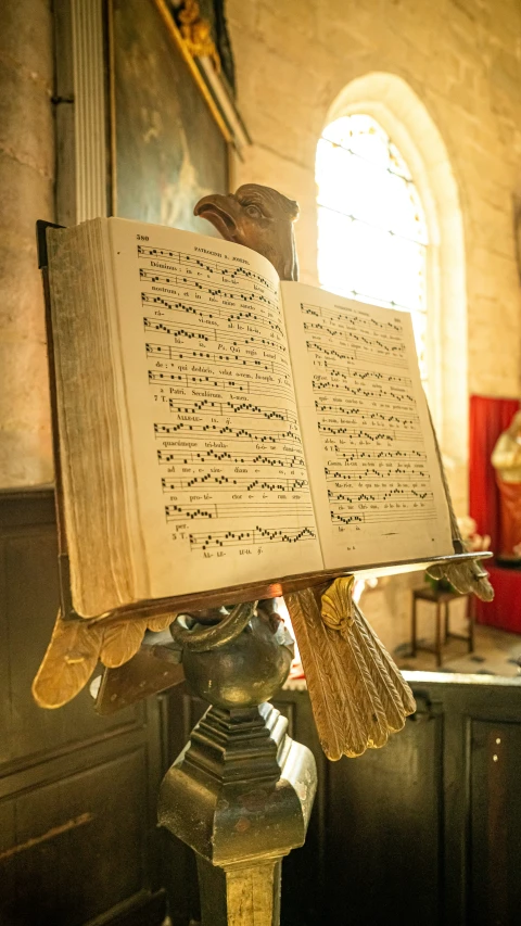 a po of a book on a desk in an old church
