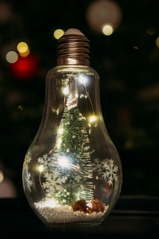 a glowing light bulb with christmas tree in it