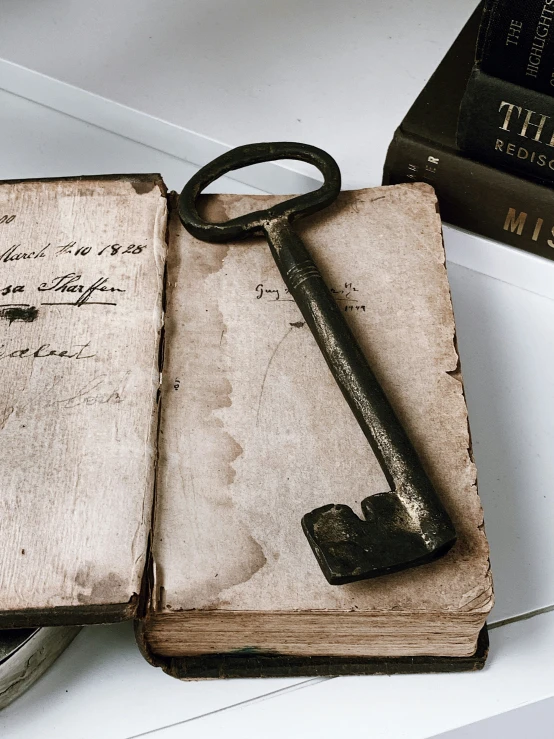 an open book with a key sitting on it