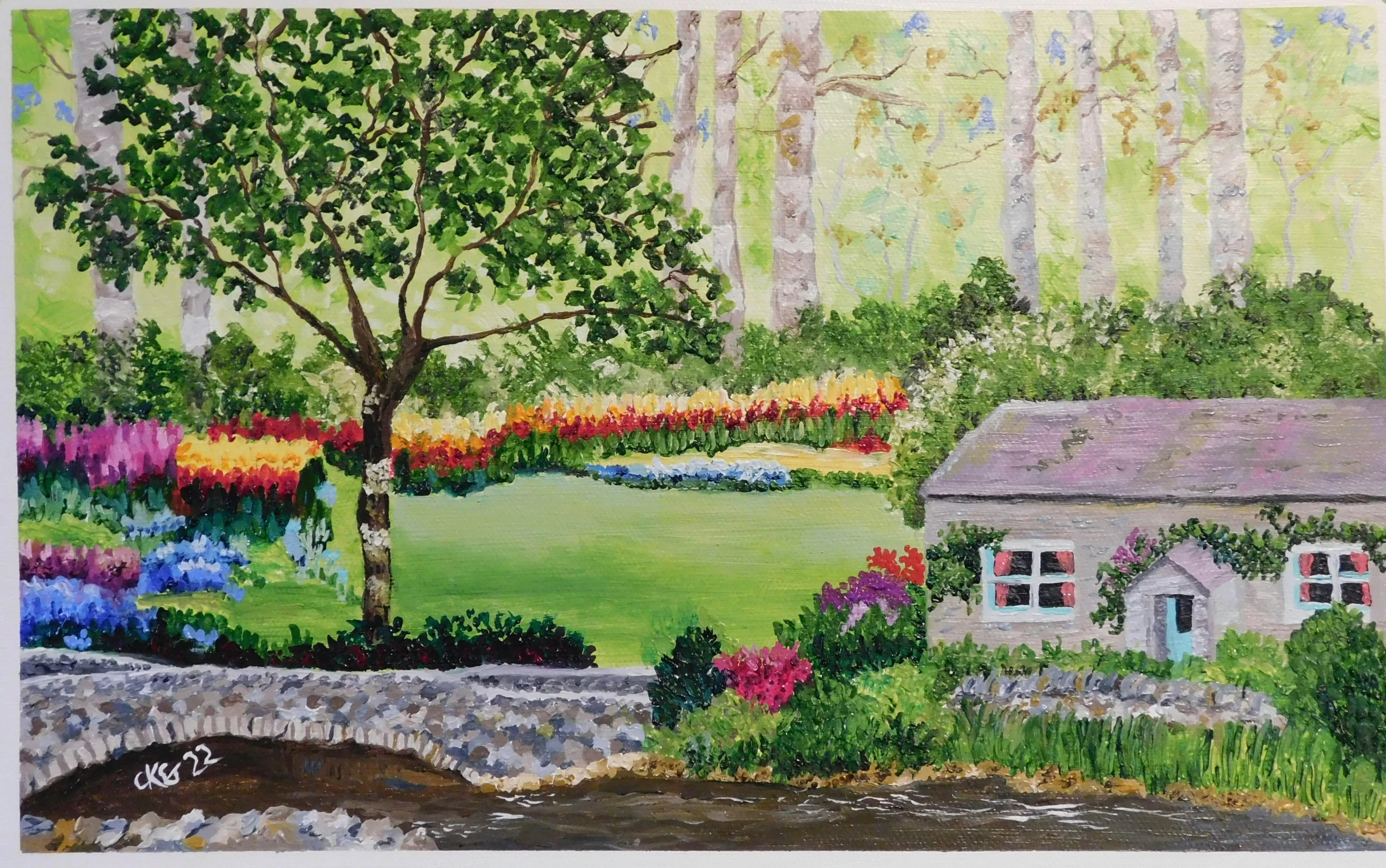 a painting of a garden by a small house