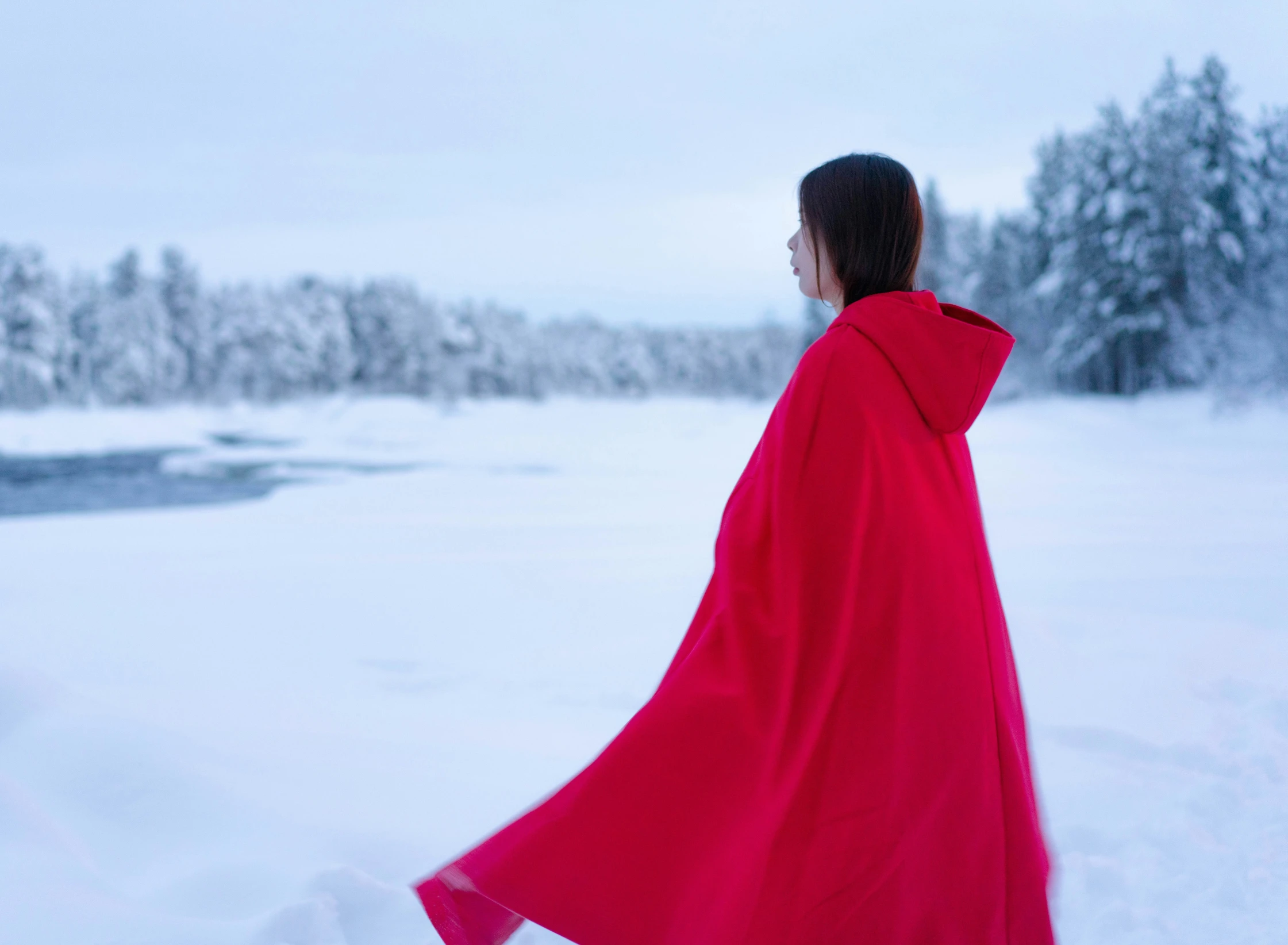 a person in a red coat looking into a snow field