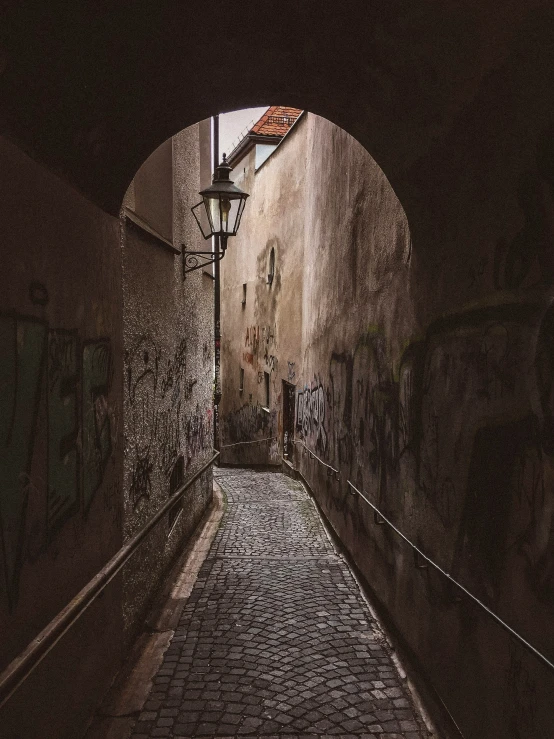 an alley is shown through the brick tunnel