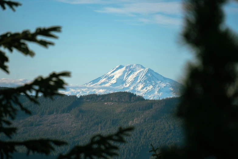 a snowy peak rises above a valley in the distance