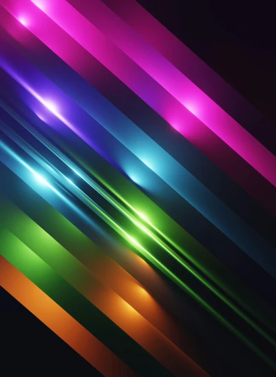 the diagonals of different colored lights against a black background