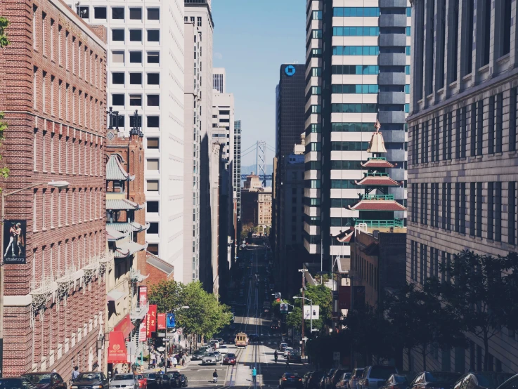 an image of a view from the sidewalk of some tall buildings