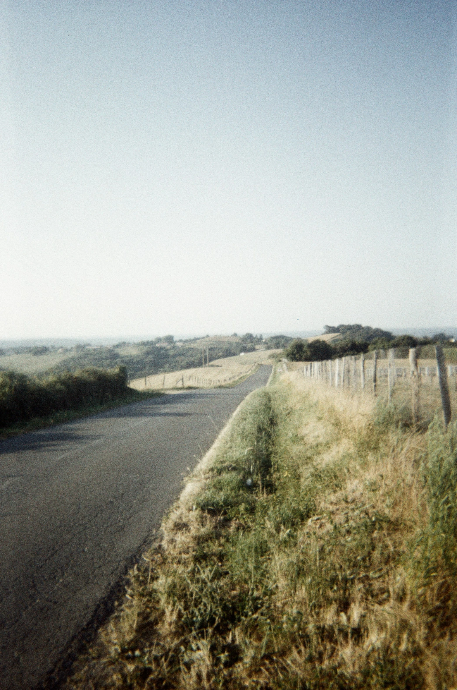 an empty paved road and field with grass