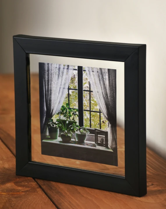 there is a black frame with a picture of a window with plants on it