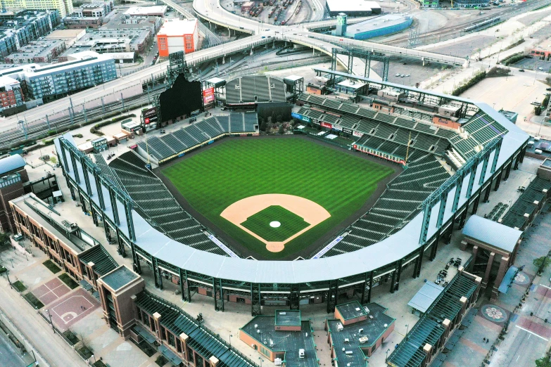 an overhead view of the stadium and its surroundings