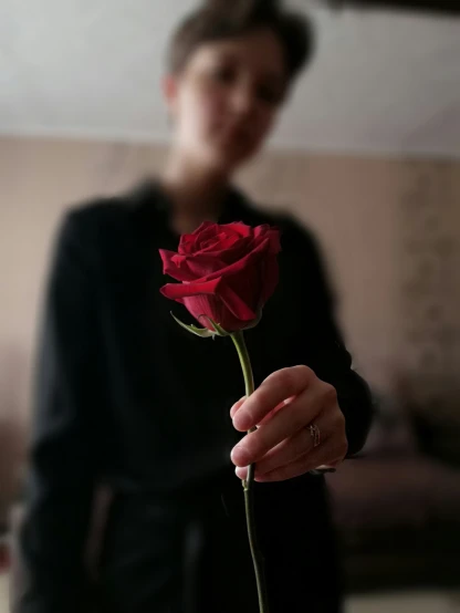 a woman holding out a single rose