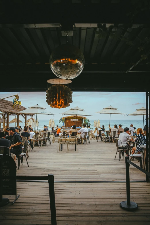 there are many people on the dock eating