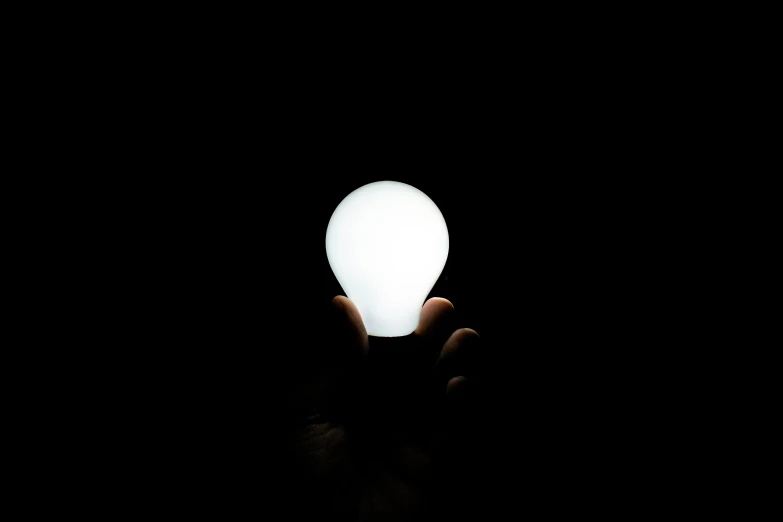 a person holds a light bulb up in the air