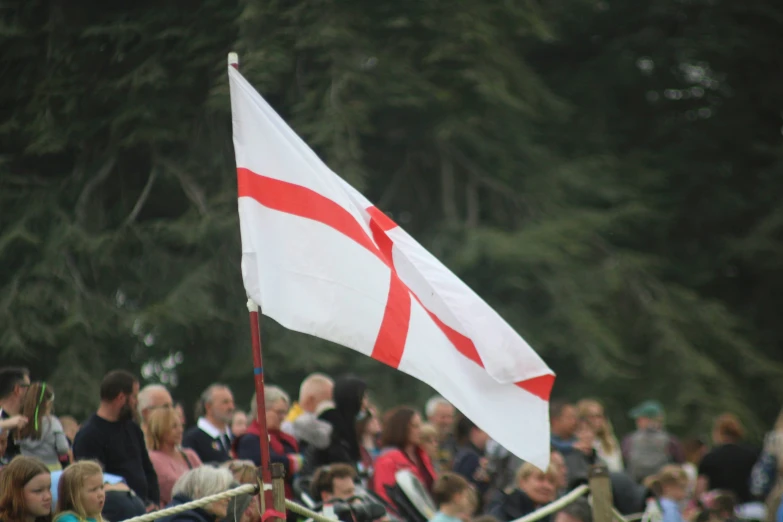 people watch as a crowd is waving a flag