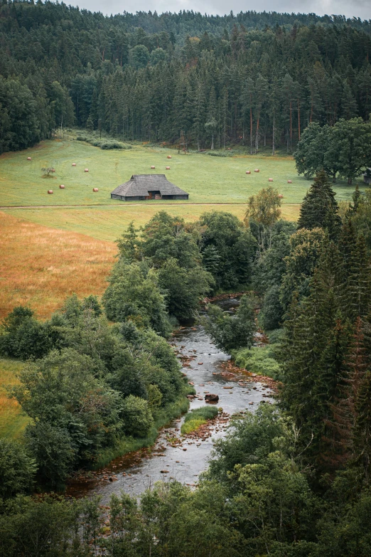 a field with trees, grass and a house