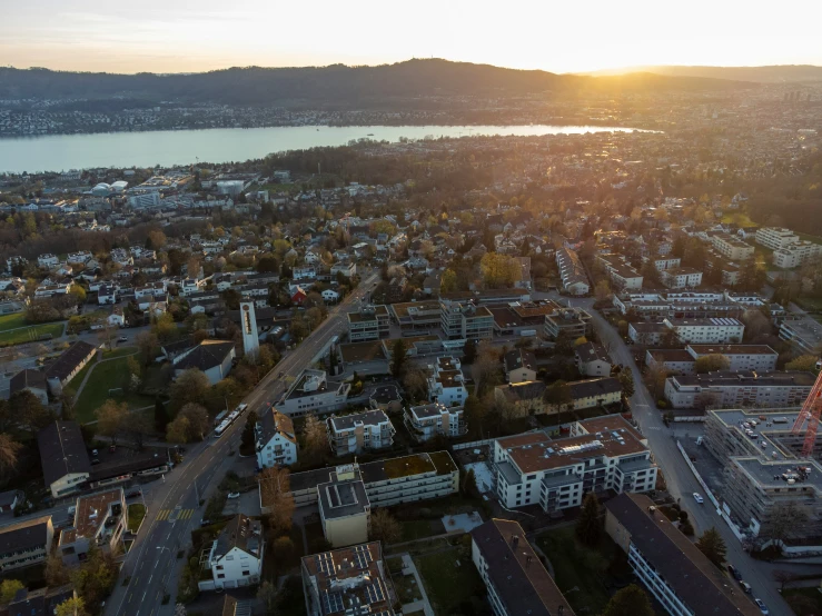 aerial view of a residential area with sunset