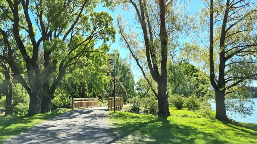 a couple of benches near the water in the park