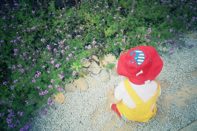 a child's hat sitting on a gravel walkway in front of flowers