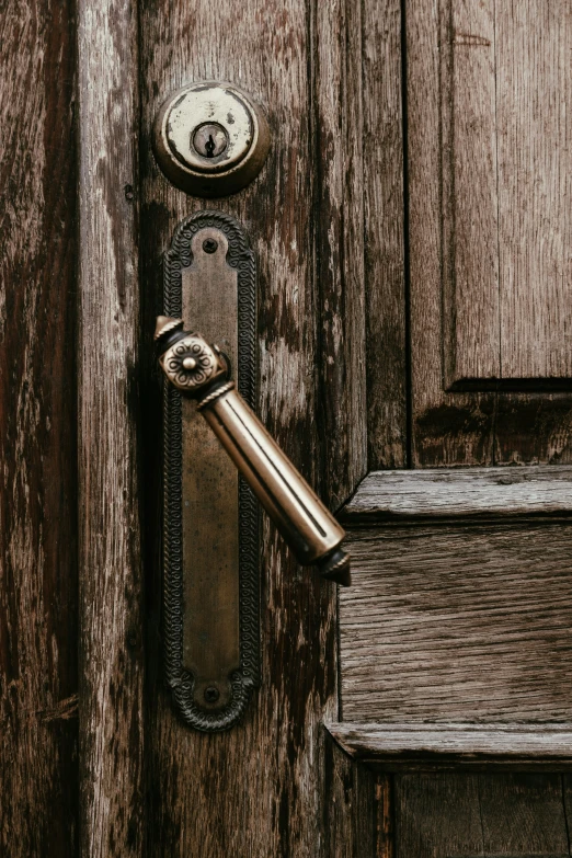 a door handle on an old wooden door