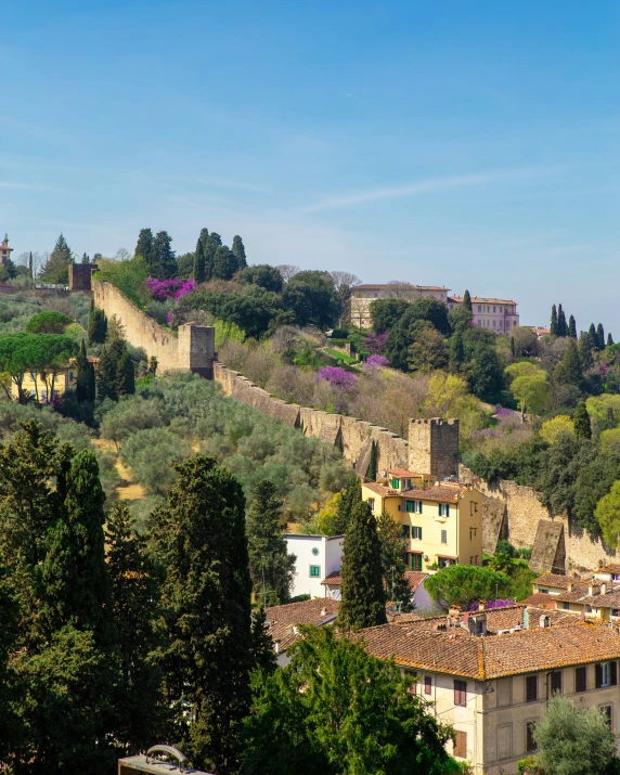 a scenic view of a large city with trees on the hillside