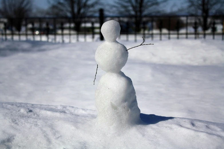 a snow man made out of snow and a building in the background