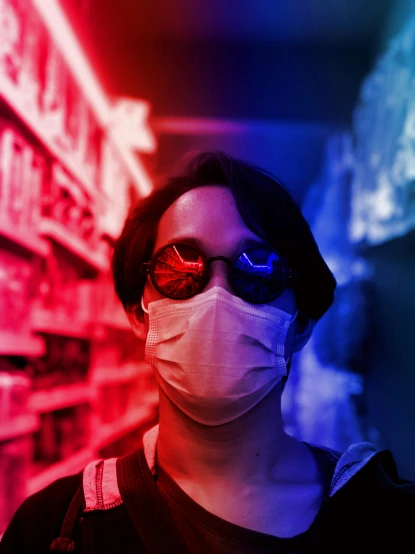 a woman with some red and blue glasses on
