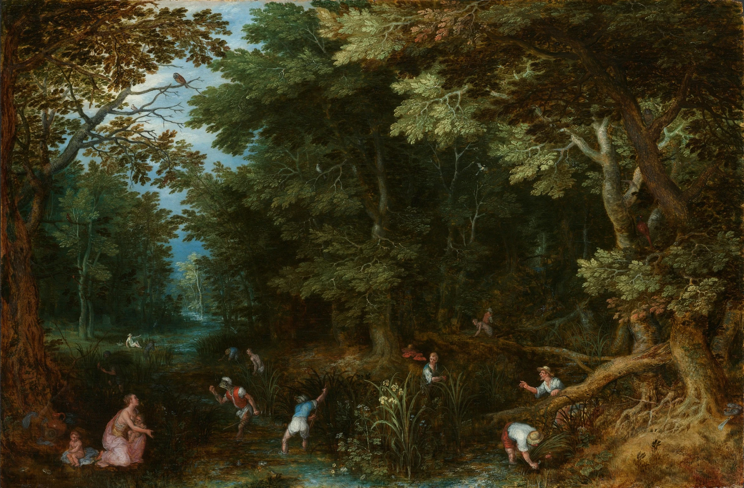 a painting of many people in the forest