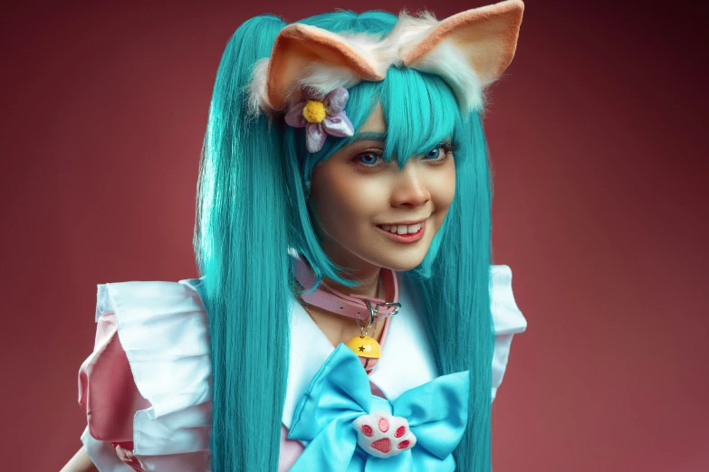 a woman dressed in cat ears and a wig with green hair