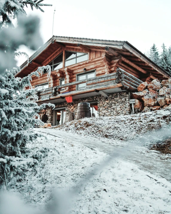 a wooden building next to pine trees with snow on the ground