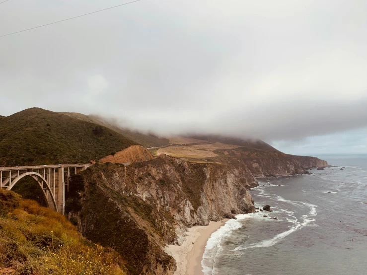 bridge over ocean on overcast day near beach