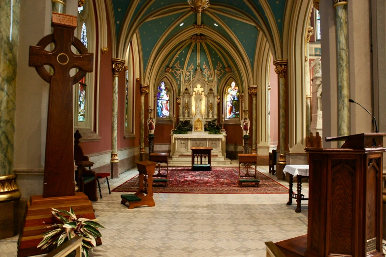 the interior of a church with stained glass windows