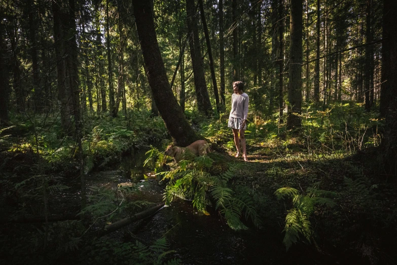 a man walks through a dense green forest