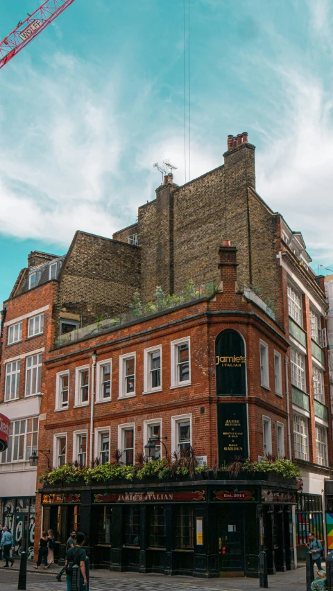 the corner of the old building has plants on top