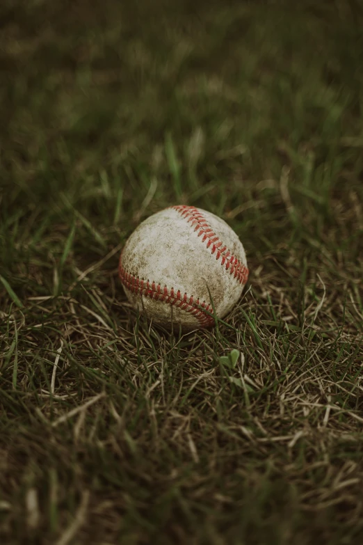 a baseball is sitting on some grass in the grass